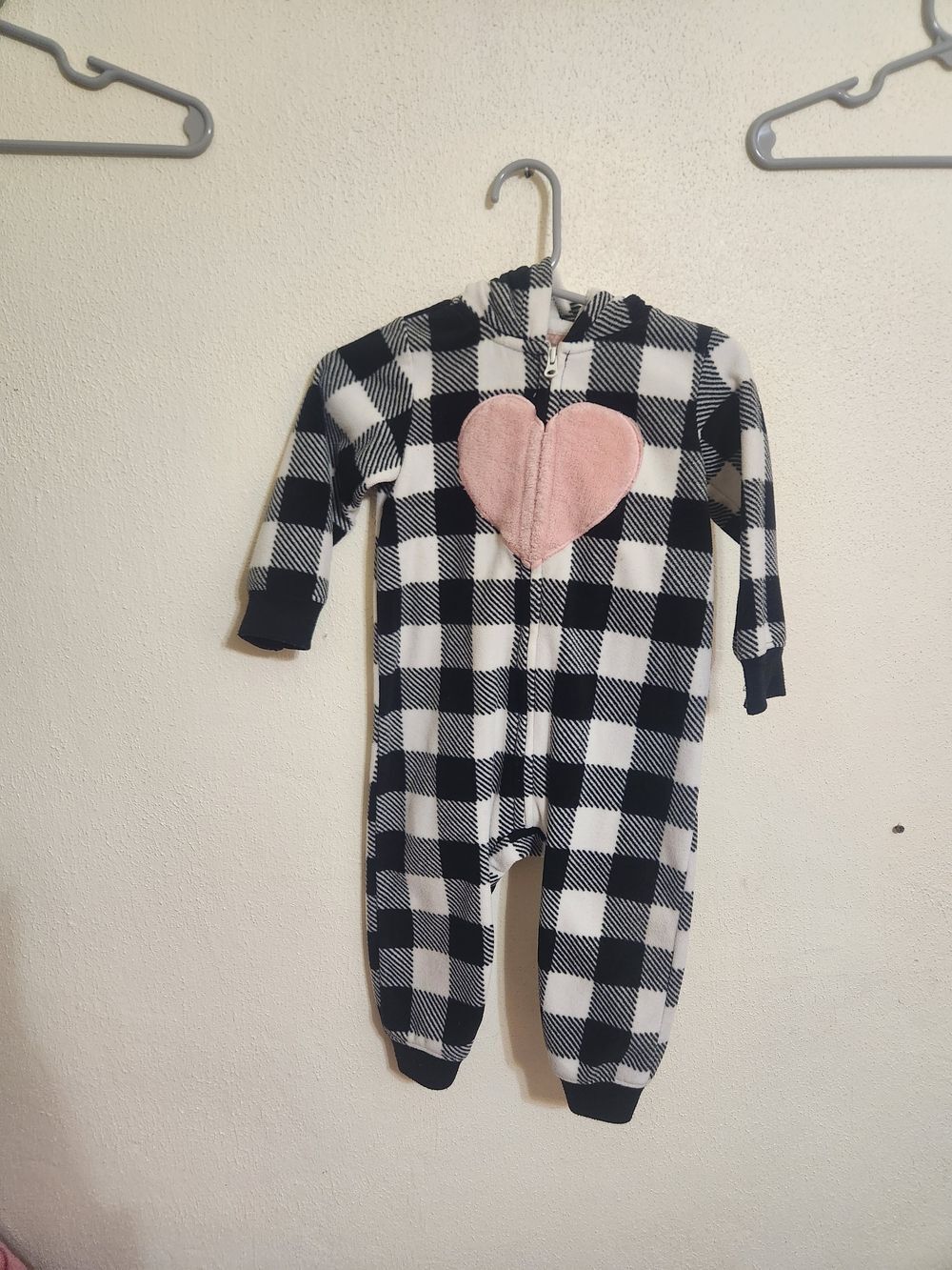 Carter's Black and White Buffalo Plaid Footless One-Piece with Pink Heart